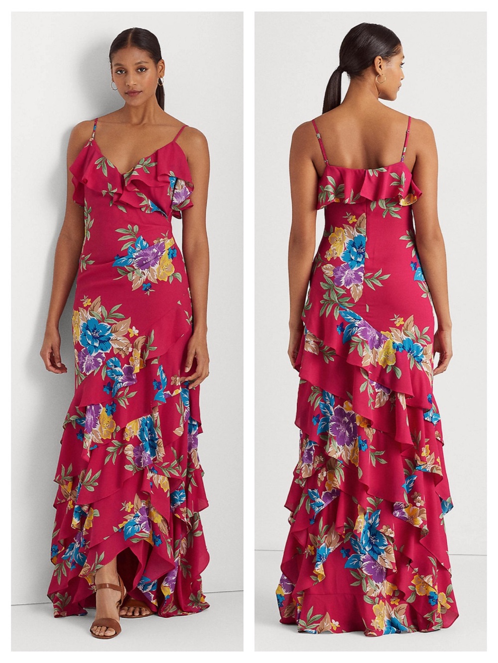 Lauren Ralph Lauren Floral Georgette Tiered Gown Size 14 Pink